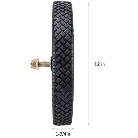 Side view of 12 Inch Lawn Mower Wheels 2 Pack for Push Mowers, Inner and Outer Bearing Design, 1.75 Inch Wide with bolt and nut.