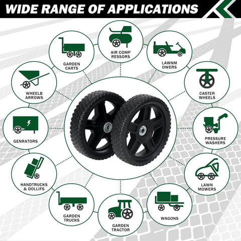 Wide range of applications for 12 Inch Lawn Mower Wheels 2 Pack with Bolts and Lock Nuts, showing versatility in garden tools and equipment.