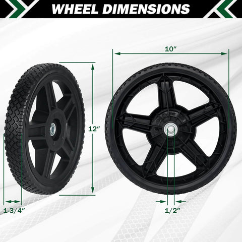 12 Inch Lawn Mower Wheels 2 Pack with Bolts and Lock Nuts showing measurements for Push Mower Replacement Wheels.