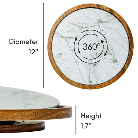 12 inch acacia wood lazy susan turntable with removable glass plate, showing marble texture top and dimensions.