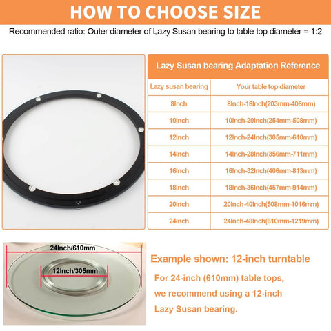 Size guide for choosing 12 Inch Heavy Duty Lazy Susan Hardware, Metal Rotating Turntable Bearing Ring for different table diameters.