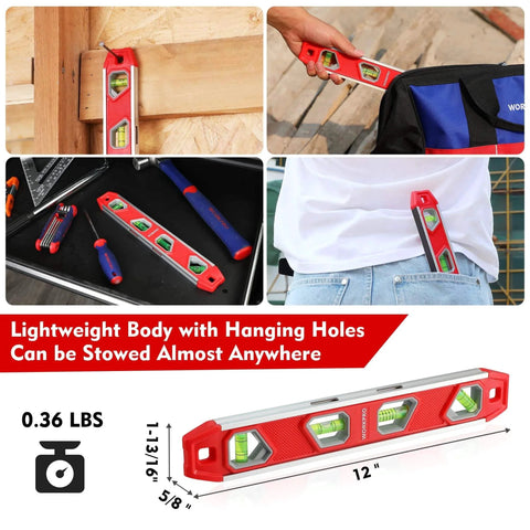 12 Inch Torpedo Level used on wood beam, carrying in pocket, magnetic attachment, aluminum with 4 bubbles, V-groove featured