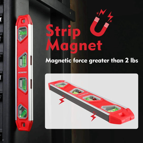 12 Inch Torpedo Level, Magnetic Small Leveler Tool attached vertically to metal surface, red and aluminum body, showing bubble vials