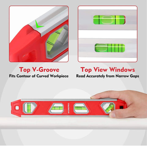 12 Inch Torpedo Level, Magnetic Small Leveler Tool with top V-groove, aluminum reinforced, 4 bubbles for conduit bending.