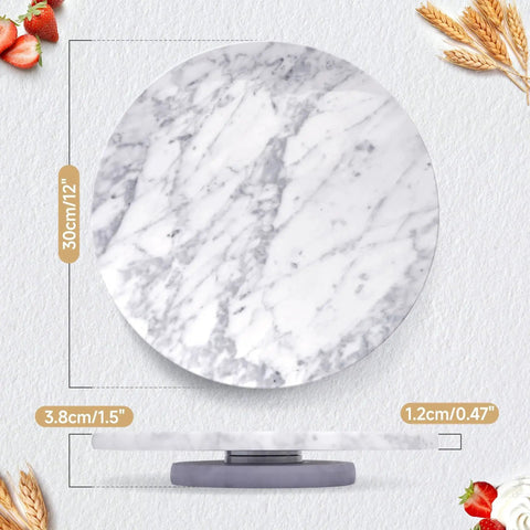 12 Inch Marble Lazy Susan Cake Turntable For Decorating And Display Natural White Marble With Gray Veining Top View