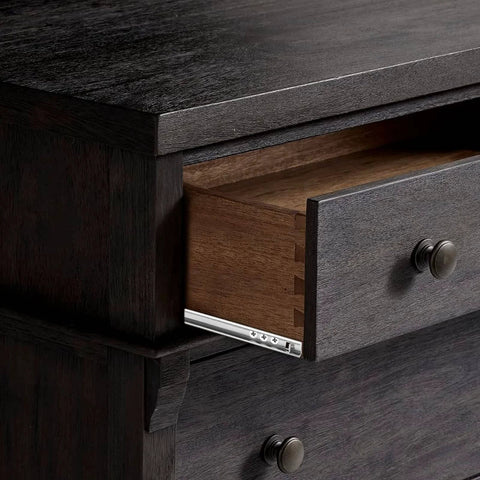 Dark wood cabinet with an open drawer showing 12 Inch Drawer Slides, Metal Drawer Slide Small Drawer Rails Ball Bearing Two Way Slide Track Rail Pack of 2 (0.7" Wide).