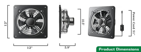 12 Inch Window Exhaust Ventilation Fan 720 CFM High Speed Wall Mounted Industrial Extractor product dimensions and side view