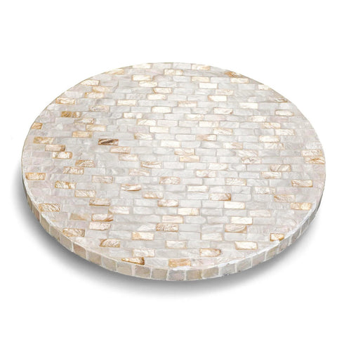 12 inch mother of pearl lazy susan turntable with marble pattern, decorative wooden rotating tray top view.