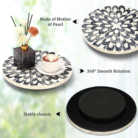 12 inch mother of pearl lazy susan turntable with floral pattern showcasing smooth rotation and stable chassis, ideal for kitchen use.