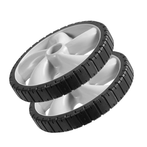 12 Inch Rear Wheel Replacement for Arnold 490-324-0002, pair of 12x1.75 inch plastic lawn mower wheels with bar tread, close-up view