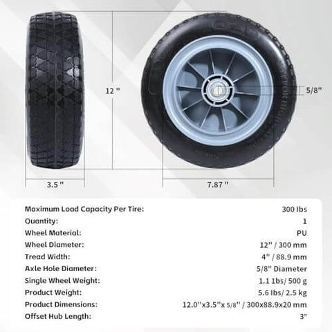 12 Inch Solid Flat Free PU Tire and Wheel with 5/8 Inch Axle Bore, 4 Inch Wide, 3 Inch Offset Hub, side and front view with dimensions