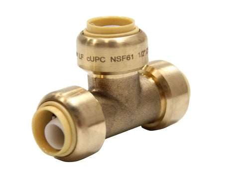 EFIELD 1/2 Inch Push Fit Fitting Tee for PEX Copper and CPVC Connectors, brass finish, tool-free pipe connection for potable water.