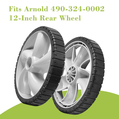 12 Inch Rear Wheel Replacement for Arnold 490-324-0002, 12x1.75 Inch Plastic Lawn Mower Wheels with Bar Tread, two wheels displayed