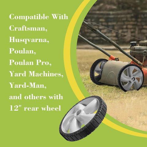 12 Inch Rear Wheel Replacement for Arnold 490-324-0002 installed on lawn mower, compatible with Craftsman and other brands