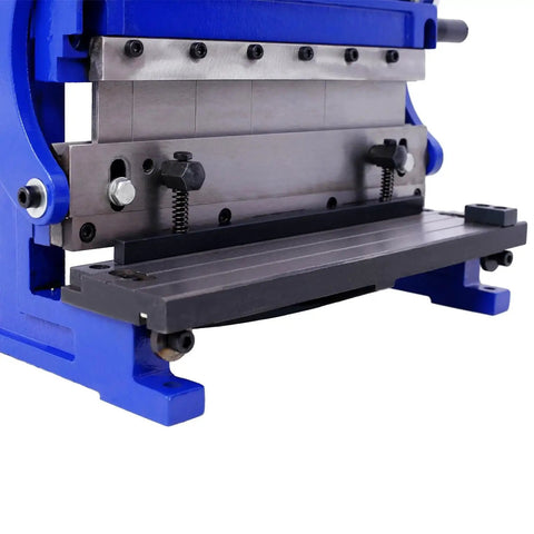 Close-up of 3-In-1 12 Inch Sheet Metal Machine with shear press brake and slip roll for bending, cutting, rolling, and space saving.