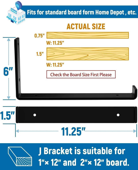 Diagram showing 12 inch Shelf Brackets 6-Pack, 1/5 inch Thick Heavy Duty Industrial Bracket dimensions and fit for standard boards.