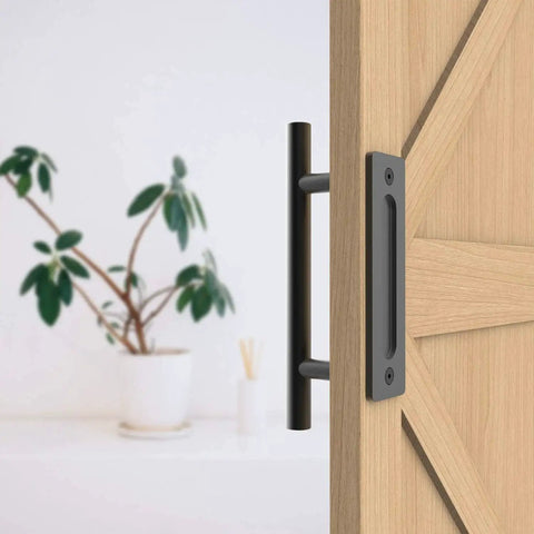 12-Inch Sliding Barn Door Handle Pull And Flush Hardware Set For Interior And Exterior Doors, Rustic Black Round Finish, shown on door