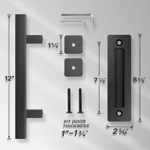 Image of 12 inch sliding barn door handles and pulls double sided hardware set with measurements and components shown.