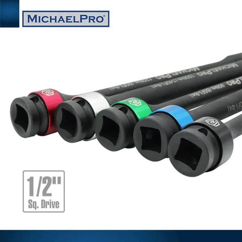 5-Piece 1/2'' Impact Torque Limiting Extension Bar Set, 65 to 140 Ft-Lbs (90 to 190 Nm), Cr-Mo, colored coded ends