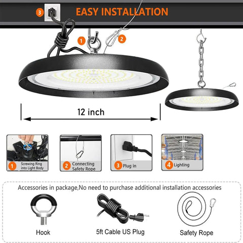 Easy installation of Eight Pack 200W LED High Bay Light UFO Style with 30000 Lumen 6000K Daylight, 12-inch size.