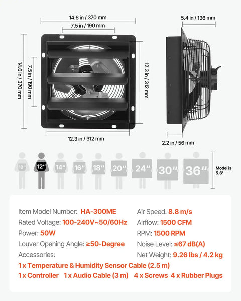 Front and side view of 12 Inch Wall Mounted Exhaust Fan With Variable Speed And Smart Temperature Humidity Controller 1500 CFM.