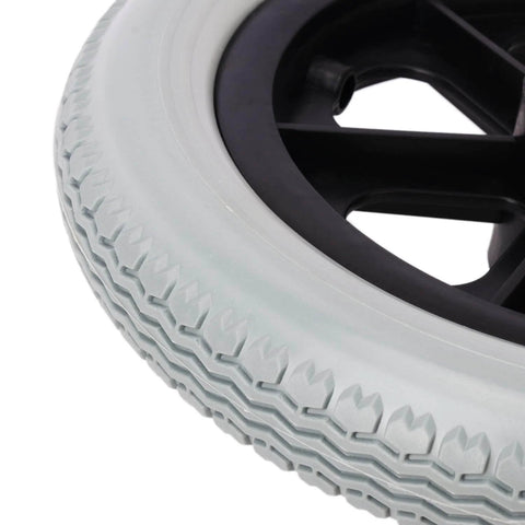 Close-up of 2 Pack 12 Inch Solid Plastic Spoked Wheelchair Replacement Wheels with Hard Rubber Tires
