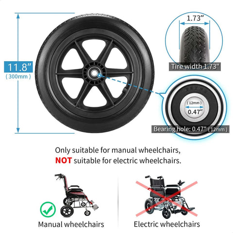 Diagram of a 12 Inch Wheelchair Wheels Replacement with tire details, suitable for manual wheelchairs, not for electric ones.