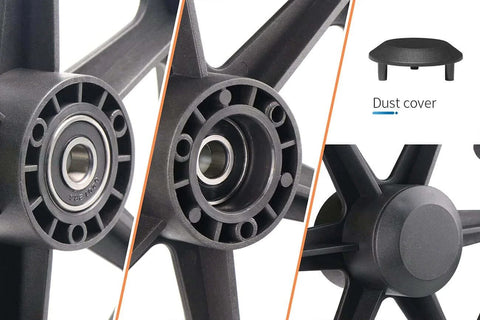 Close-up views of 12 Inch Wheelchair Wheels Replacement parts, including bearing and dust cover, for 12 1/2 x 2 1/4 rear wheel assembly.