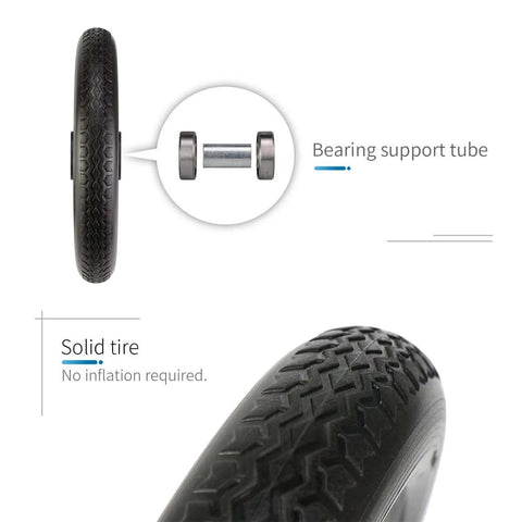 Close-up of 12 Inch Wheelchair Wheels Replacement 12 1/2 x 2 1/4 inch solid tire, showing tread and bearing support tube.