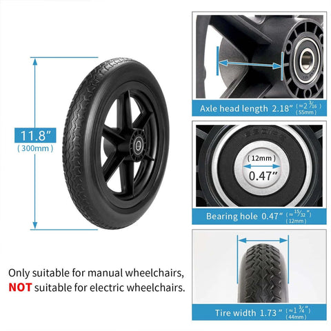 12 Inch Wheelchair Wheels Replacement with measurements; 11.8-inch wheel, 2.18-inch axle length, 0.47-inch bearing hole, solid tire for manual chairs.