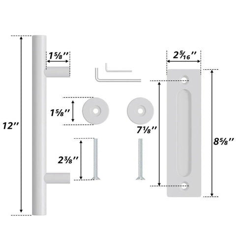 Diagram of 12 Inch White Heavy Duty Barn Door Handles Sliding Barn Door Pull Handle set with dimensions and mounting hardware.