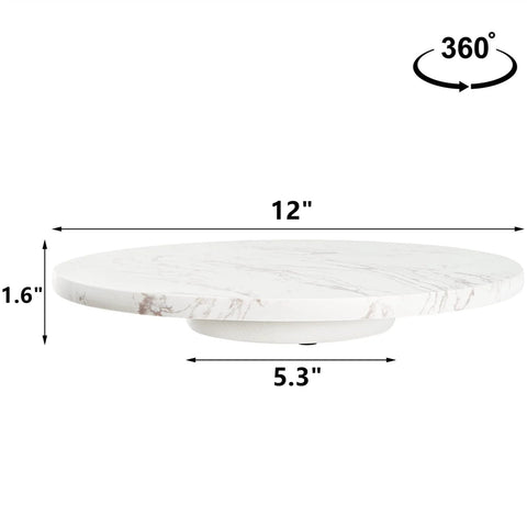 Marble lazy susan turntable designed as a cheese board and cake stand, 12 inch white marble rotating tray with measurements.