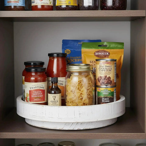 12 Inch Wood Lazy Susan Turntable Organizer For Kitchen Counters And Pantries holding spices and jars on a pantry shelf