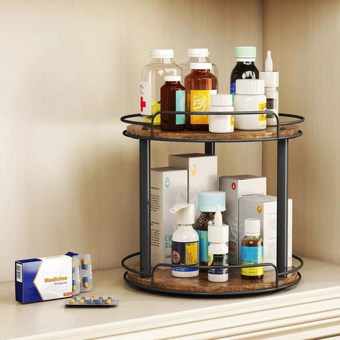 12.2 Inch Wood Lazy Susan Turntable Organizer With Two Tiers For Cabinet Kitchen Countertop Pantry And Bathroom Storage