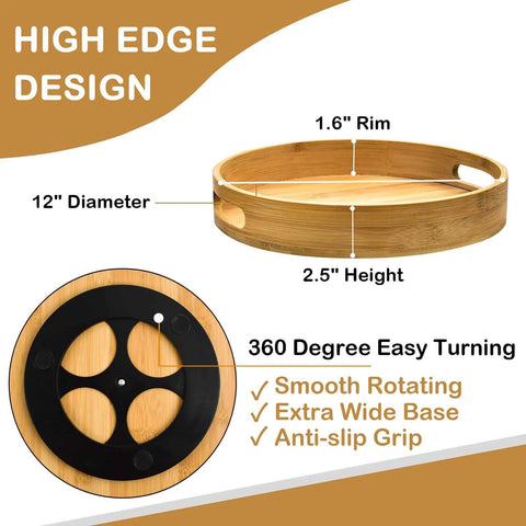 12 inch wooden lazy susan turntable organizer with handles, rotating acacia wood tray showing high edge design and base details.