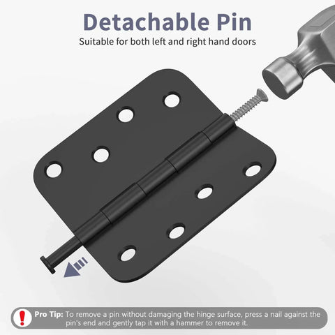 Image of 12 Pack 4 Inch Matte Black Exterior Door Hinges with Five Eighths Radius and Square Corners, removable pin shown with hammer.