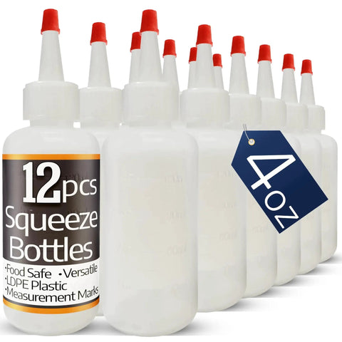 12 Pack 4 Oz Squeeze Bottles With Red Tip Caps For Ketchup BBQ Sauces Syrup Condiments Oil Pancake Decorating Dressings Travel Camping Lab Arts And Crafts Leakproof Pouring With Secure Yorker Cap And Gasket For Mess Free Use, front view