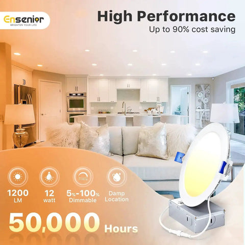 Living room with installed 12 Pack 6 Inch LED Recessed Ceiling Light Dimmable 2700K 5000K 5CCT 1200LM 12W 120V Canless Wafer Downlight