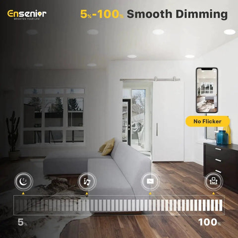 Living room with 12 Pack 6 Inch LED Recessed Ceiling Light Dimmable 2700K 5000K 5CCT 1200LM 12W 120V Canless Wafer Downlight installed