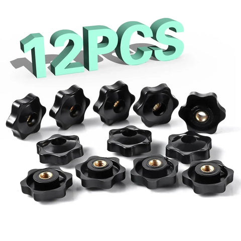 12 Pack 1/4-20 Star Knobs With Brass Insert Hex Head Thru Clamping Knobs arranged on white background