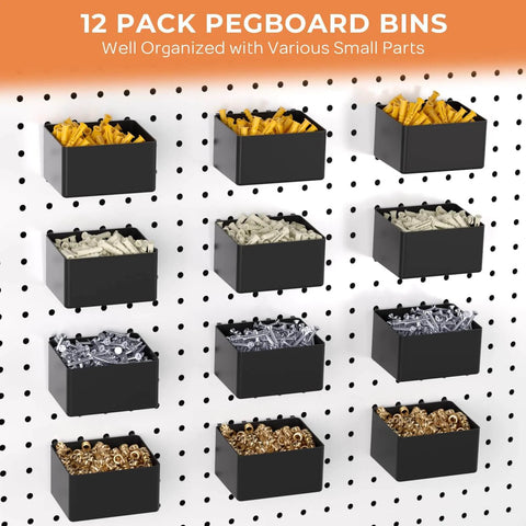 12-pack pegboard bins holding various small parts for organized storage on a perforated board.