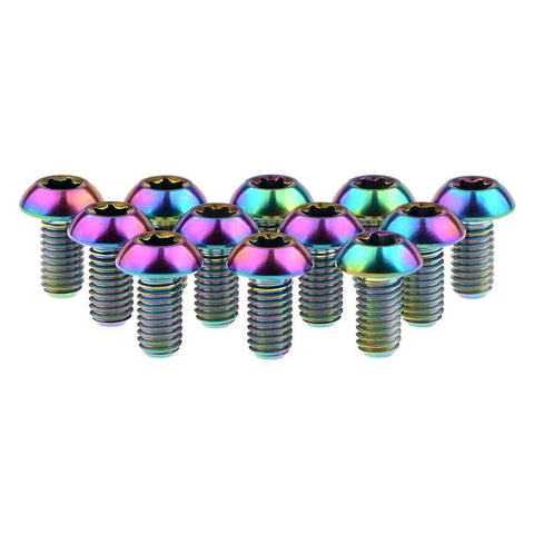 12 Pcs M5x10 Titanium Torx Bolts for Bicycle Disc Brake Rotors featuring colorful finish and T25 Torx head.