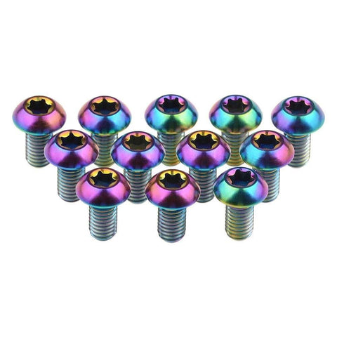 12 Pcs M5x10 Titanium Torx Bolts for Bicycle Disc Brake Rotors showcasing colorful finish and T25 Torx head design.