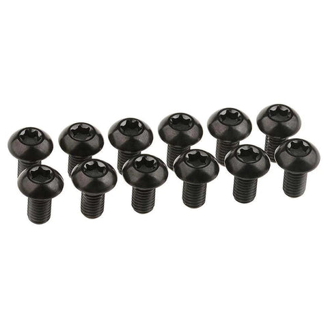 12 Pcs M5x10 Titanium Torx Bolts for Bicycle Disc Brake Rotors displayed in a close-up view, showing T25 Torx head and black finish.