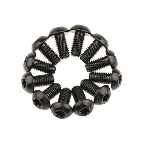 12 Pcs M5x10 Titanium Torx Bolts for Bicycle Disc Brake Rotors arranged in a circle, featuring T25 Torx head and black finish.