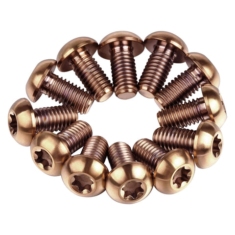 12 Pcs M5x10 Titanium Torx Bolts for Bicycle Disc Brake Rotors arranged in a circle showcasing bronze finish and T25 Torx heads.