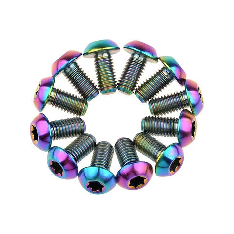 12 Pcs M5x10 Titanium Torx Bolts for Bicycle Disc Brake Rotors in colorful finish, showcasing T25 Torx head design.
