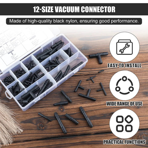 Vacuum connector assortment kit, 113 pcs, black nylon fittings, straight/tee/reducer, 12 sizes in plastic case