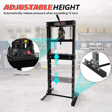 12 Ton Hydraulic Shop Press H Frame With Adjustable Floor Stand For Auto Shop Use Includes Stamping Plates