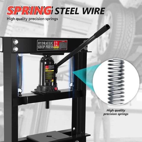 12 Ton Hydraulic Shop Press H Frame With Adjustable Floor Stand For Auto Shop Use Includes Stamping Plates To Bend Straighten Or Press Parts And Install Bearings And U Joints Heavy Duty Garage Tool For Fast Reliable Power with steel spring detail